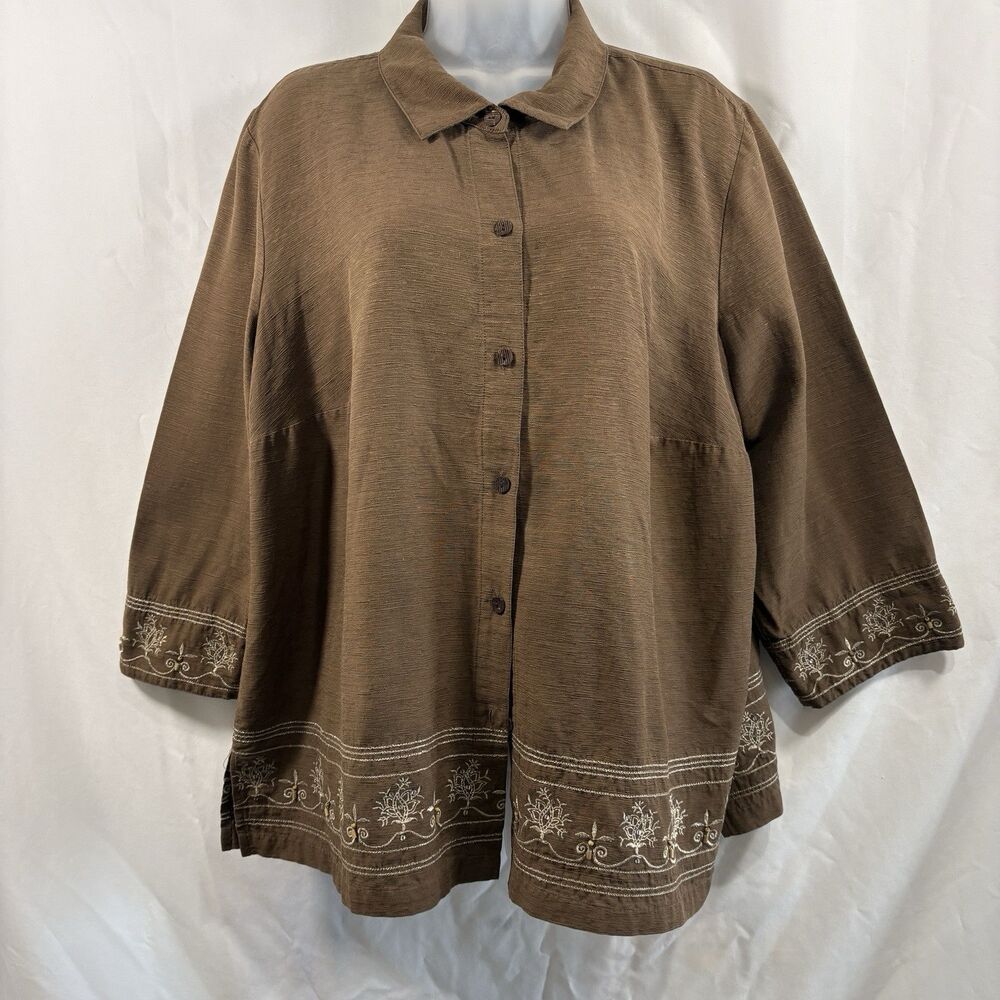 ELCC Blouse Womens 1X Brown Silk Embroidered Button Up Boho Cottagecore Earthy